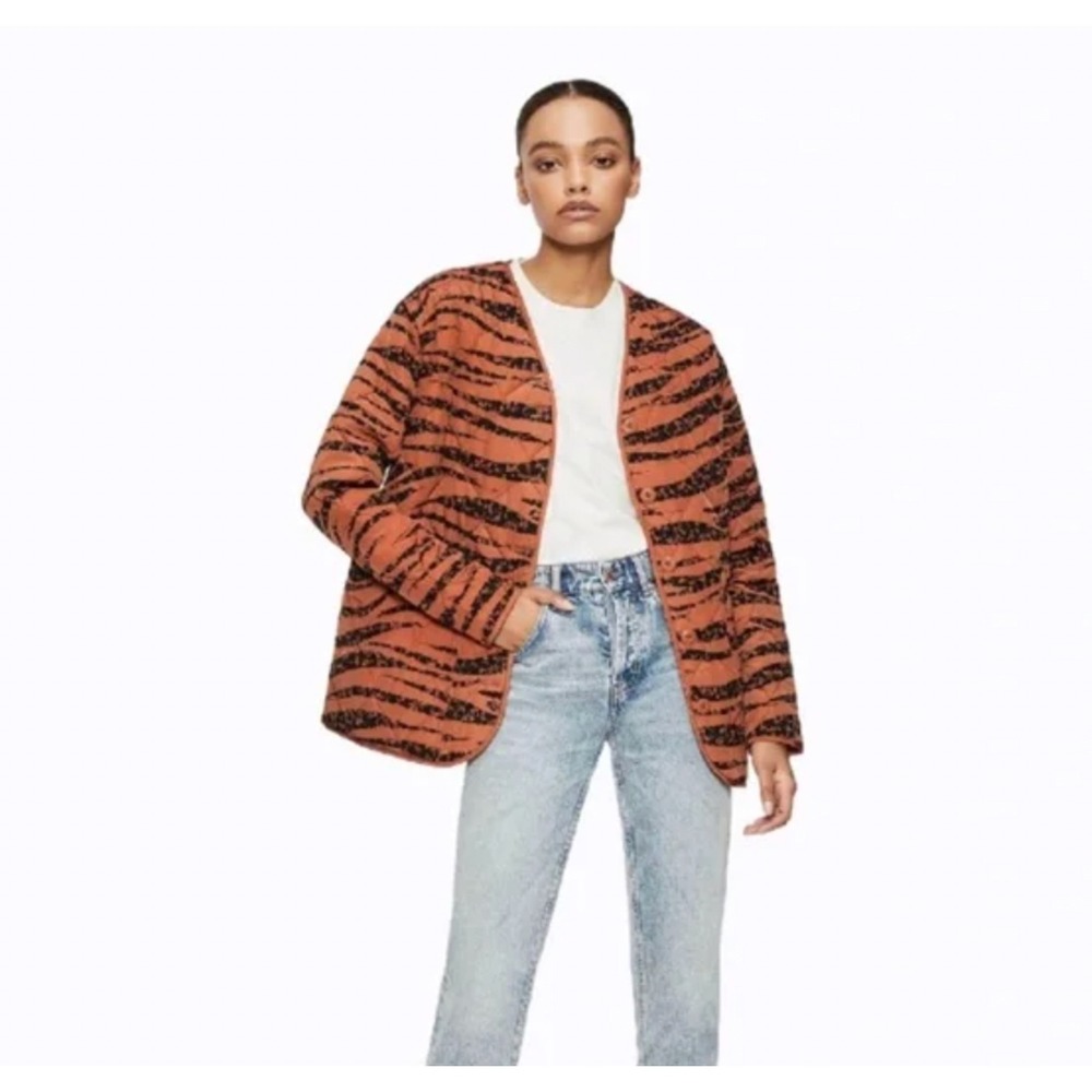 Anine Bing Quilted Jacket XS Tiger Print Button Front Pockets Coat